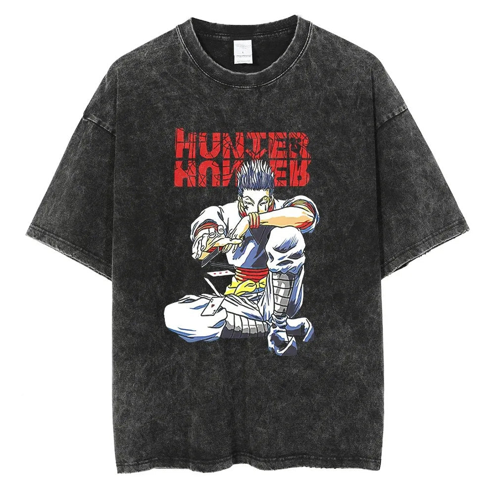 Men Women Washed T Shirt Black Japanese Anime Print T Shirt