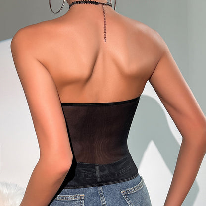 Women Party Tops Mesh Backless Pleated Rhombus Fishbone Top