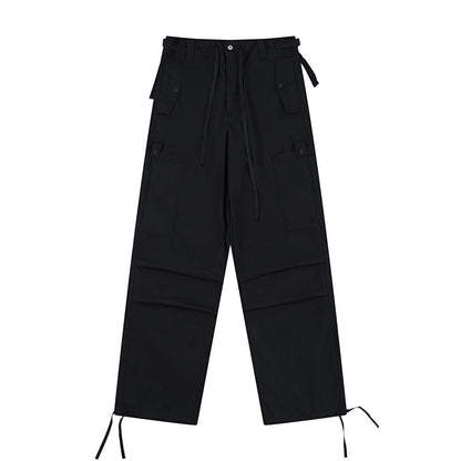 Men Sweatpants Casual Straight Trousers Loose Cargo Pleated Drawstring Ankle Banded Pants