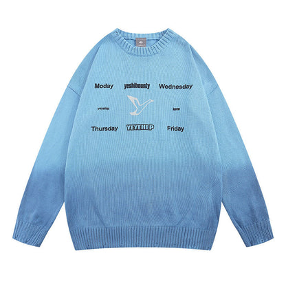 Women Sweater Retro Tattered Jeans Contrast Color Knitted Sweater