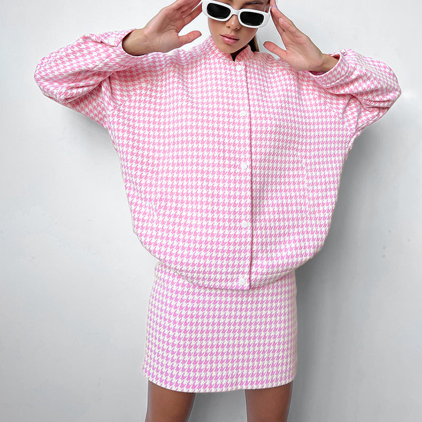 Women Trench Coat Autumn and Winter Stand Collar Long Sleeve Plaid Two-Piece Set Loose Casual Jacket