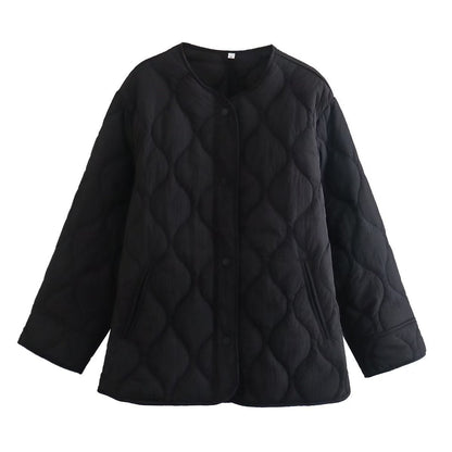 Women Cotton Coat Fashion Collarless Diamond Lattice Loose