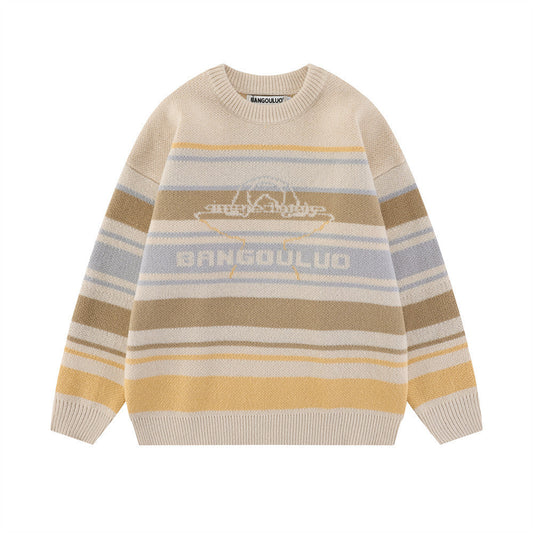 Men Sweater Striped round Neck Sweater Loose