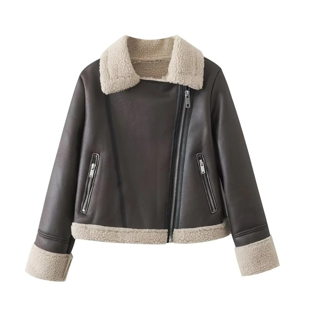 Women Cotton Coat Zipper Leather Coat''