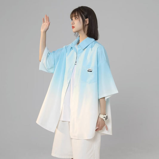 Men Shirts Gradient Color Short Sleeve Jacket Casual