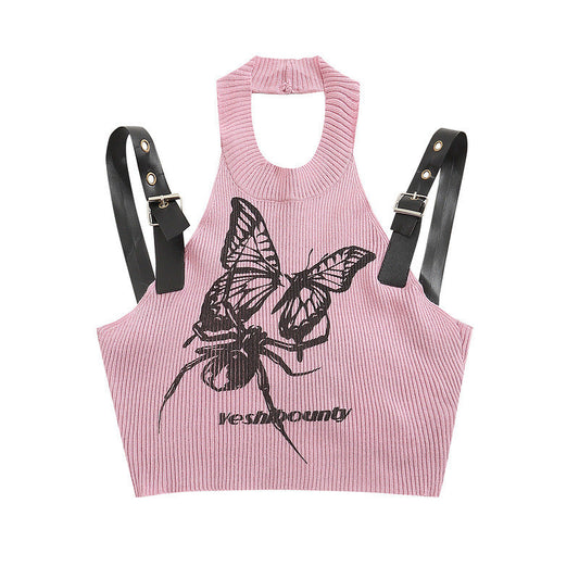 Women Vest Summer Sweet Cool Butterfly Print Halterneck Vest