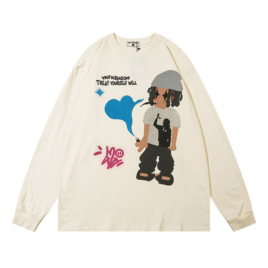 Men Long Sleeve T-shirt Cartoon Anime Print Cotton Loose Hip Hop