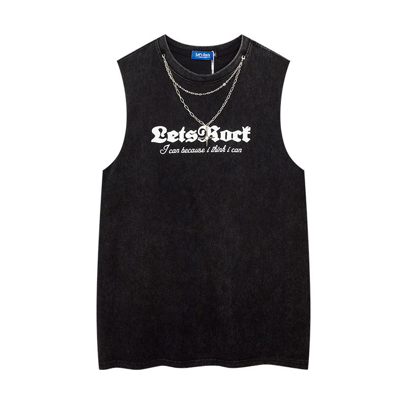 Women Vest Ripped Letter-Printing Necklace Sleeveless T-shirt