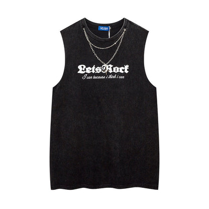 Women Vest Ripped Letter-Printing Necklace Sleeveless T-shirt