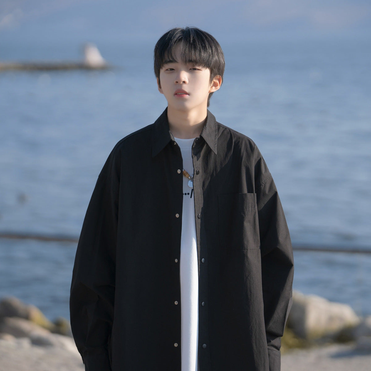 Men Shirts Solid Color Loose Long Sleeves Coat