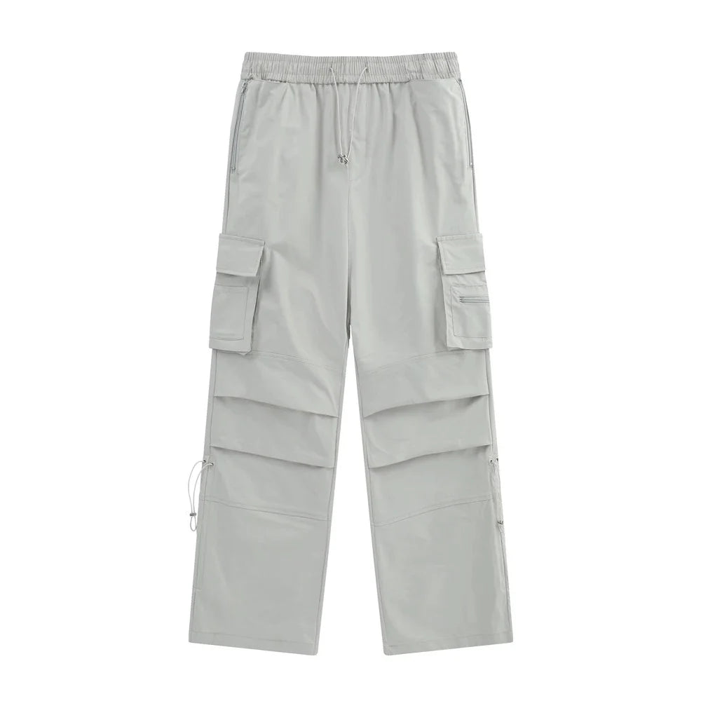 Men Sweatpants Multi-Pocket Straight Casual Pants Men's Summer Casual Elastic Waist Wide Leg Pants