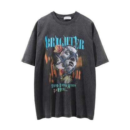 Men Vintage T-Shirt Short-Sleeved T-shirt Men's Distressed round Leader T-shirt Summer Loose