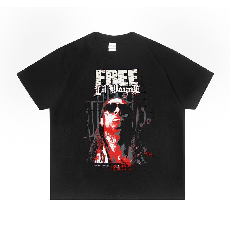 Rock Star T Shirt Singer Lil Wayne Printed T-shirt Short Sleeve round Neck Loose Cotton Fashion Brand