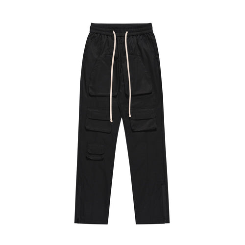 Men Sweatpants Multi-Pocket Slacks Pure Color Elastic Waist Straight-Leg Pants Baggy Pants Zipper Pants