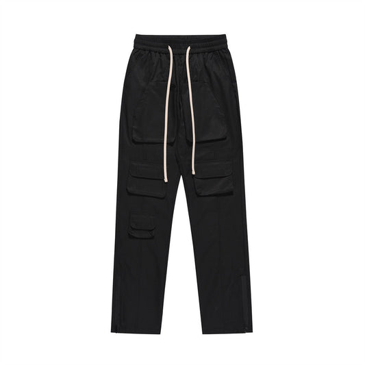Men Sweatpants Multi-Pocket Slacks Pure Color Elastic Waist Straight-Leg Pants Baggy Pants Zipper Pants