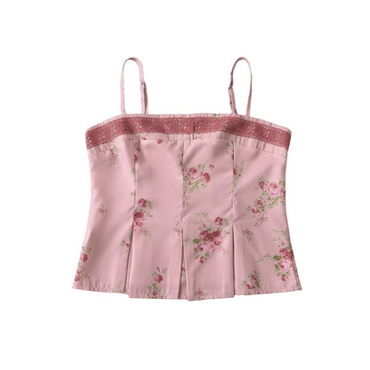 Women Tops Summer Lace Printed Suspenders Backless Short Sexy Top