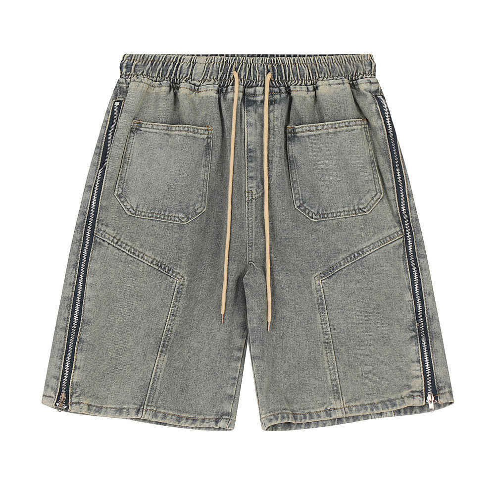 Men Shorts Side Zipper Stitching Denim Shorts Distressed