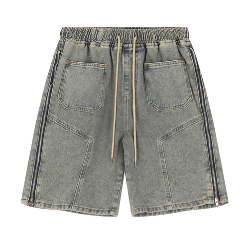 Men Shorts Side Zipper Stitching Denim Shorts Distressed