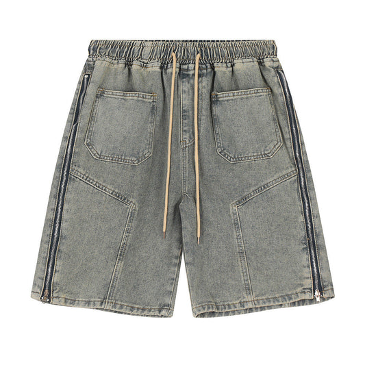Men Shorts Side Zipper Stitching Denim Shorts Distressed
