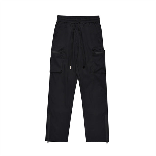 Men Sweatpants Windproof Sports Pants Zipper Pocket Slit Straight-Leg Trousers