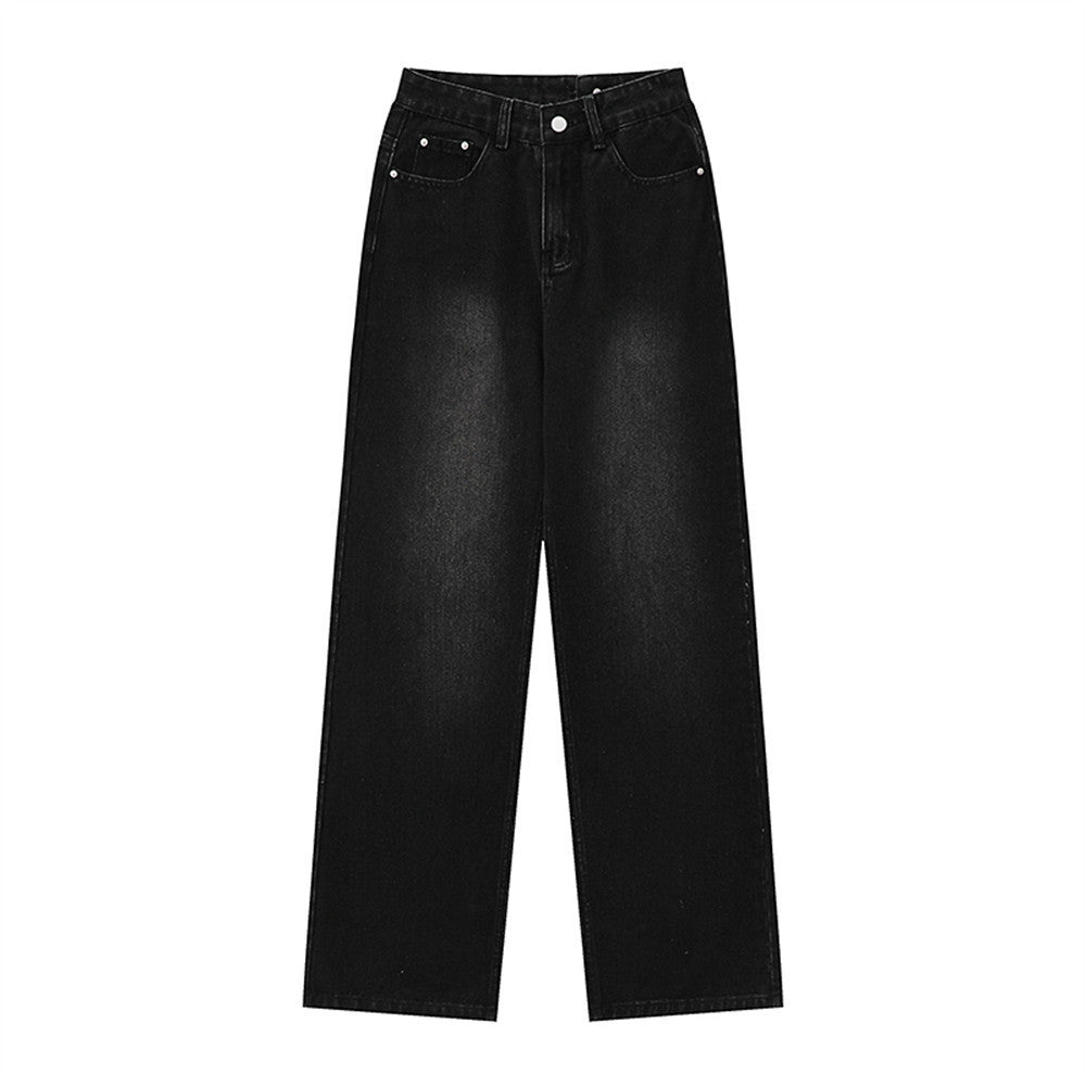 Women Pants Fastener Decoration Straight Jeans Women Loose Wide Leg Pants Retro Trousers