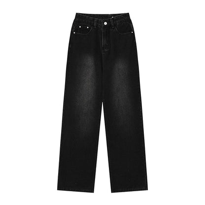 Women Pants Fastener Decoration Straight Jeans Women Loose Wide Leg Pants Retro Trousers
