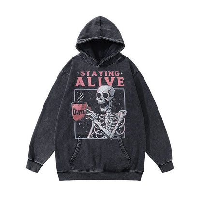 Men Hoodie Punk Skull Print Distressed Hooded Sweater
