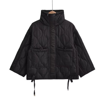 Women Cotton Coat Loose Lapel Diamond Plaid Jacket