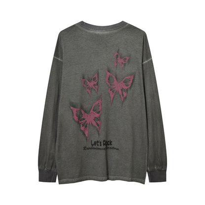 Men Long Sleeve T-Shirt Butterfly Print Distressed