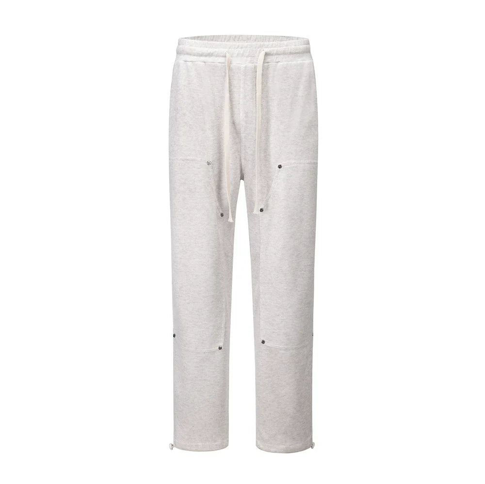 Men Sweatpants Rivet Stitching Sports Pants Loose Straight Casual Pants Solid Color Drawstring Jogger Pants Trousers