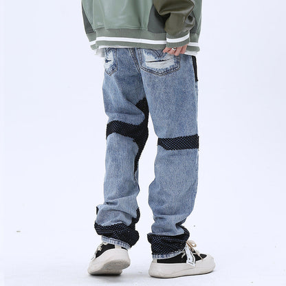 Men Jeans Stitching Ripped Leisure Wide Leg