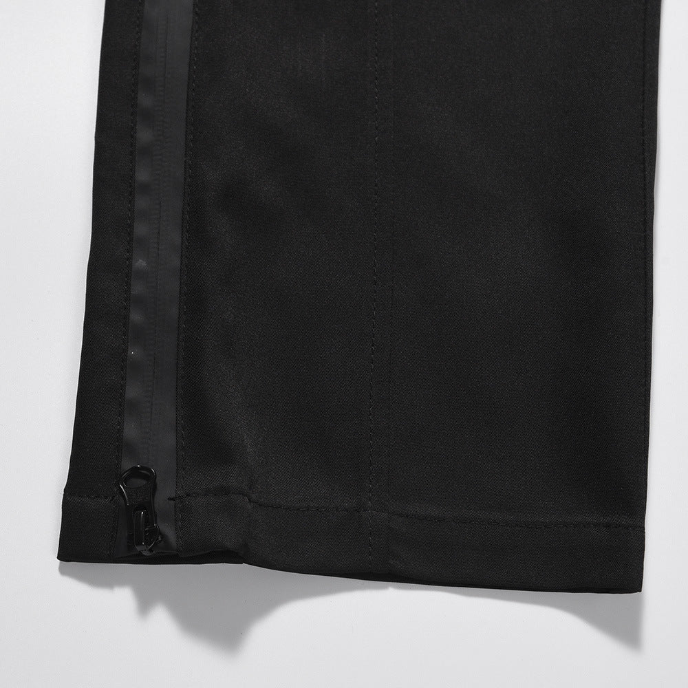 Men Sweatpants Multi-Pocket Slacks Pure Color Elastic Waist Straight-Leg Pants Baggy Pants Zipper Pants