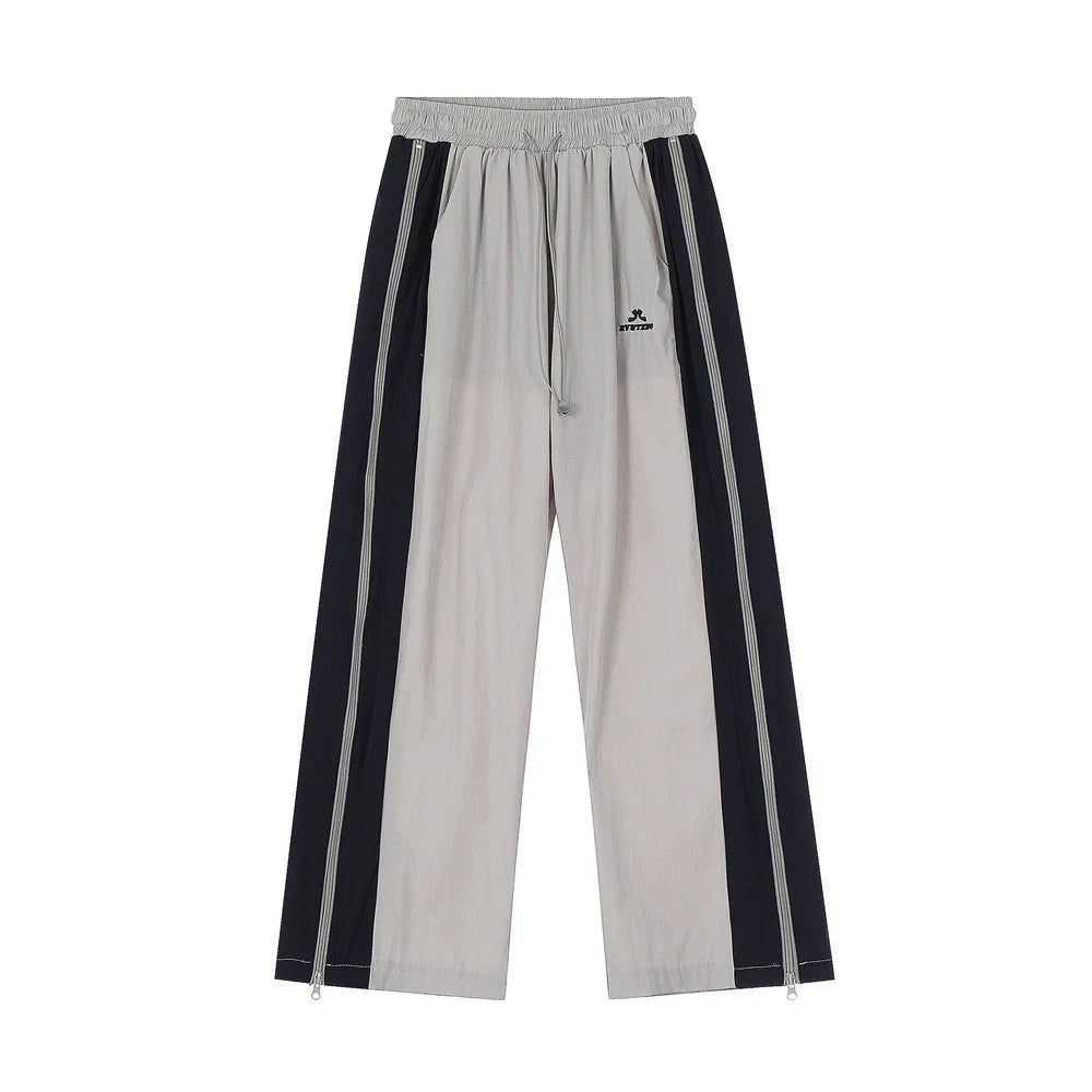 Men Sweatpants Side Zipper Stitching Casual Wide Leg Pants Elastic Waist Straight-Leg Trousers