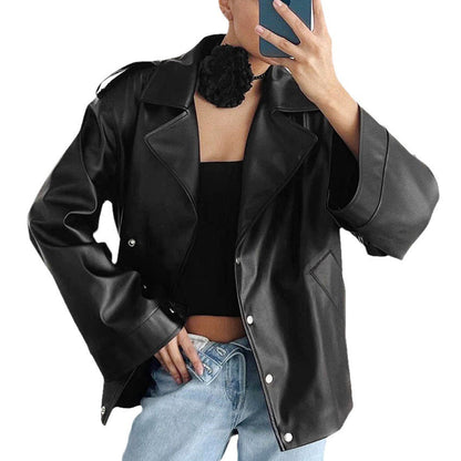Women Trench Coat PU Leather Jacket Fleece-lined Autumn and Winter Loose