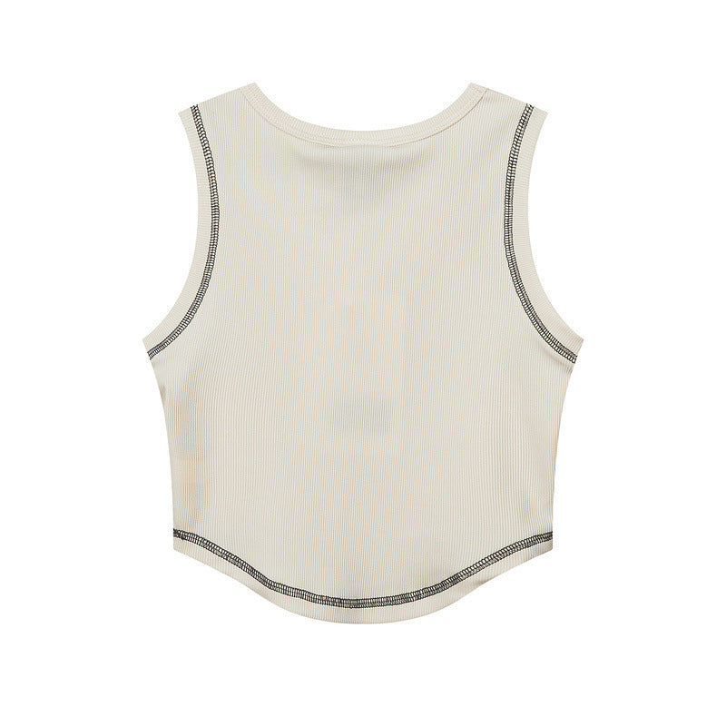 Women Vest Vintage Printed Short Top Summer Thread Fitted Sleeveless T-shirt Vest