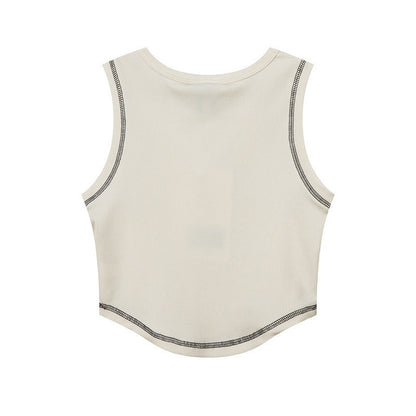 Women Vest Vintage Printed Short Top Summer Thread Fitted Sleeveless T-shirt Vest