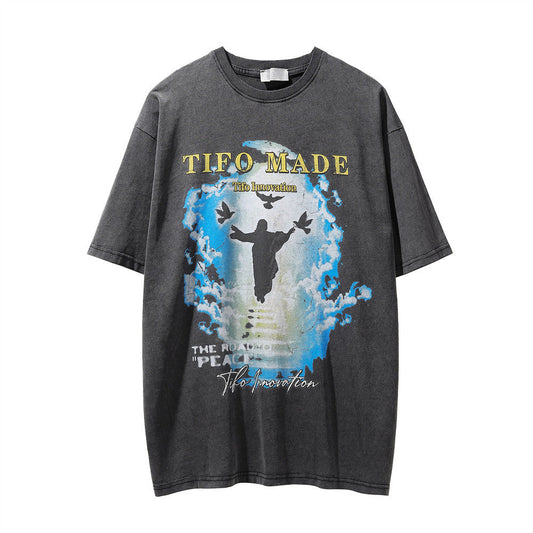 Men Vintage T-Shirt Short-Sleeved T-shirt Men's Ins Washed for Old Summer Casual