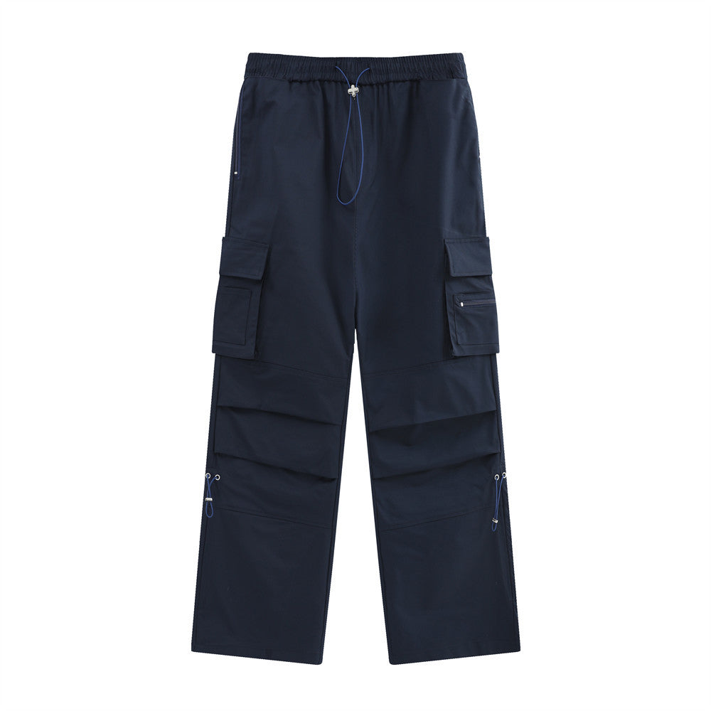 Men Sweatpants Multi-Pocket Straight Casual Pants Men's Summer Casual Elastic Waist Wide Leg Pants