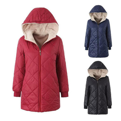 Women Cotton Coat Solid Color Fleece Hooded Jacket