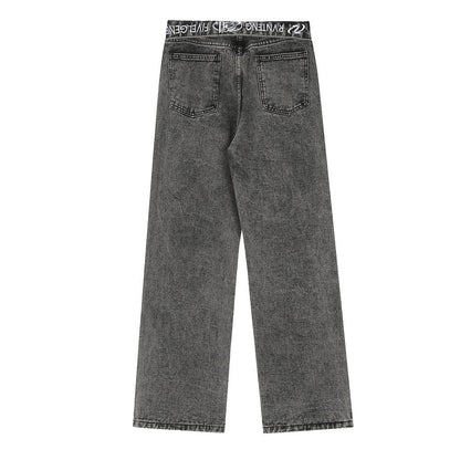 Women Pants Flanging Letter Embroidered Jeans Straight-Leg Pants