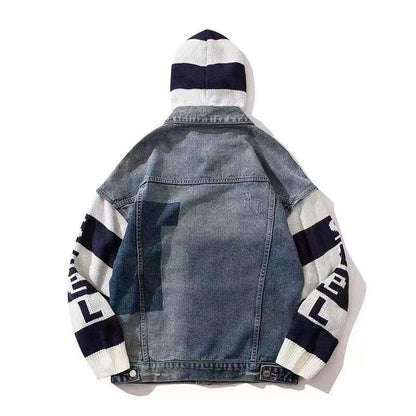 Men Jacket Coat Patchwork Knitting Hooded Denim Jacket Men's Loose Autumn and Winter Baggy Casual Jacket