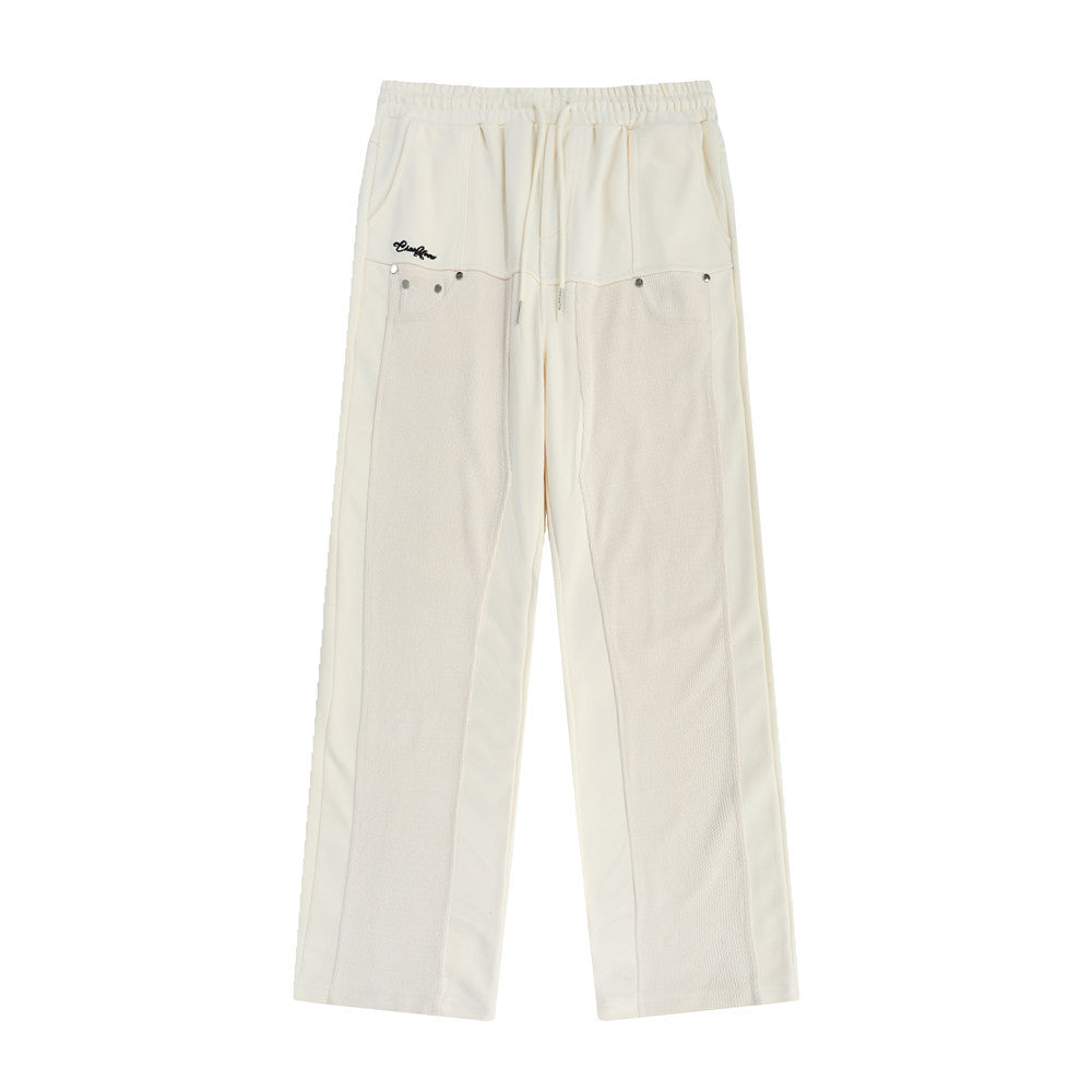 Men Sweatpants Color Contrast Patchwork Sports Casual Pants Loose Embroidered Rivets Elastic Waist Wide-Leg Straight Trousers