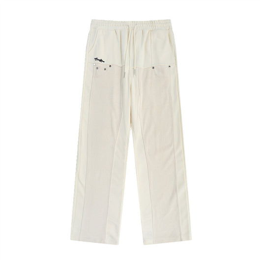 Men Sweatpants Color Contrast Patchwork Sports Casual Pants Loose Embroidered Rivets Elastic Waist Wide-Leg Straight Trousers