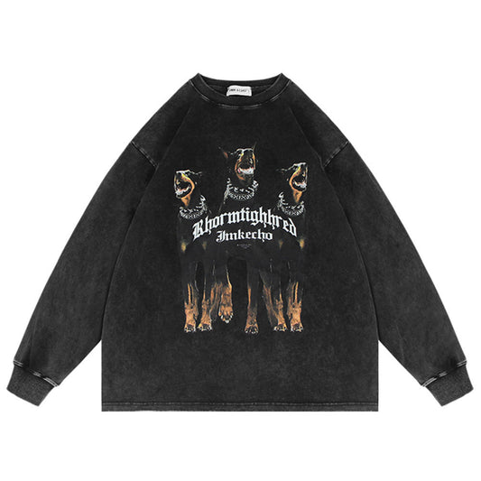 Men Long Sleeve T-shirt Doberman Pinscher Printed Washed Old Loose