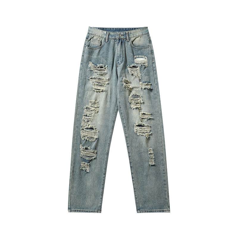 Men Jeans Ripped Jeans Vintage Distressed Straight-Leg Denim Trousers