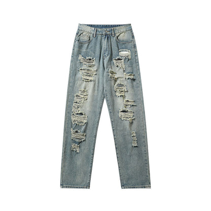 Men Jeans Ripped Jeans Vintage Distressed Straight-Leg Denim Trousers