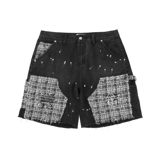 Men Shorts Stitching Ripped Denim Shorts Loose Splash-Ink