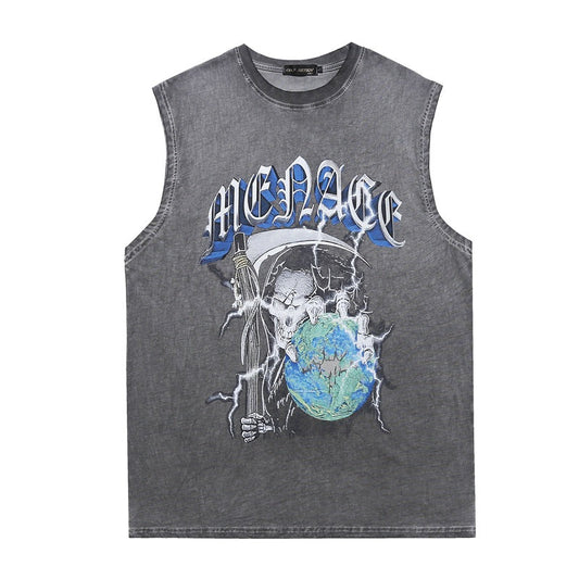 Men Vest Washed Distressed Sleeveless T-shirt Loose Vest