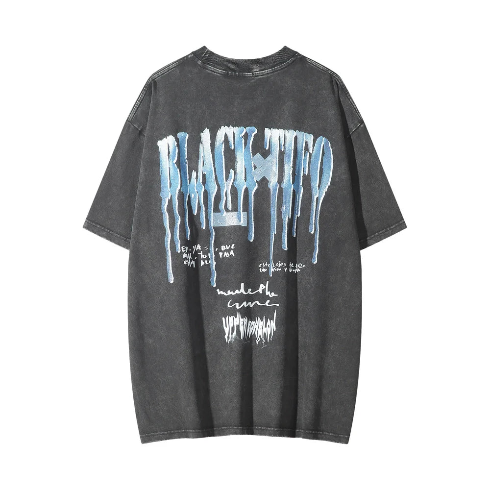 Men Vintage T-Shirt Printed Short-Sleeved T-shirt Men's Leisure Washed-out Distressed round Neck