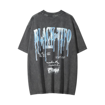 Men Vintage T-Shirt Printed Short-Sleeved T-shirt Men's Leisure Washed-out Distressed round Neck